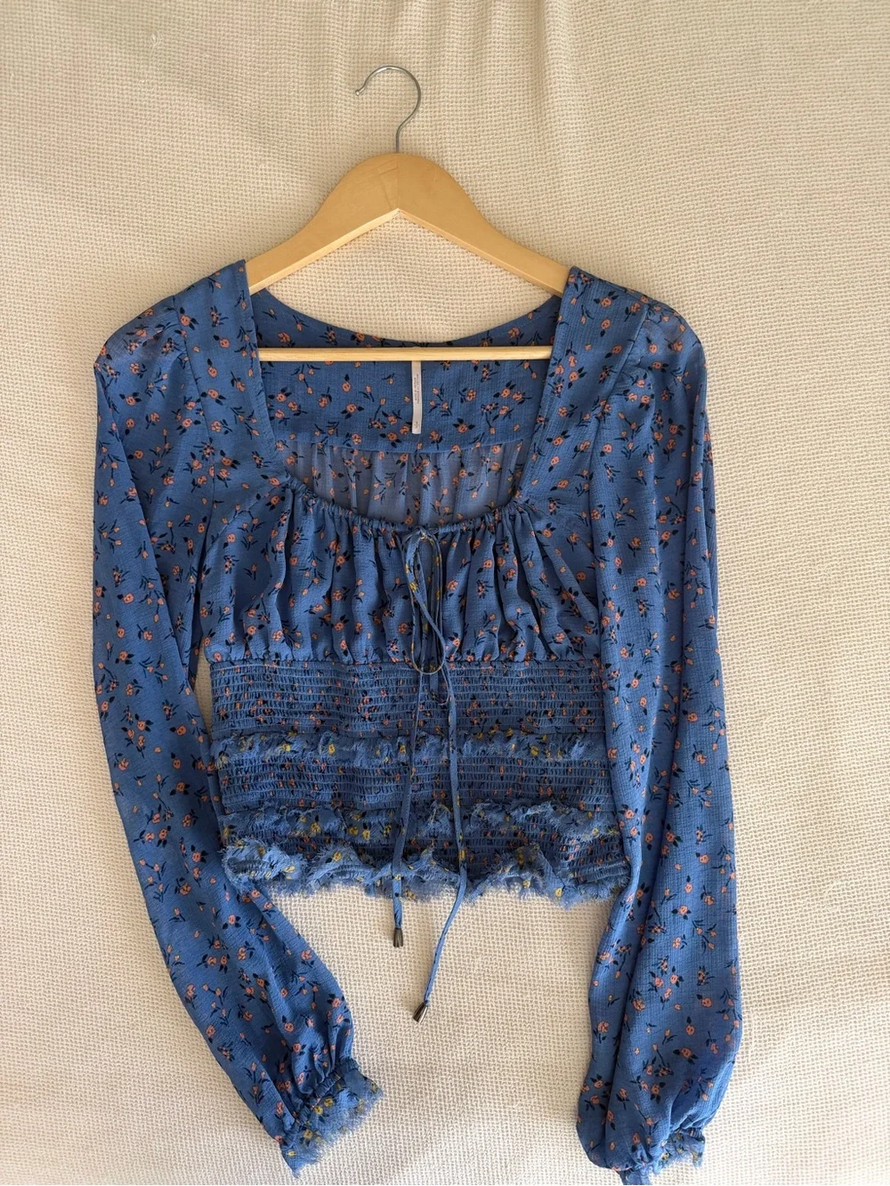 Free People Blue Floral Smocked Long-Sleeve Crop Top